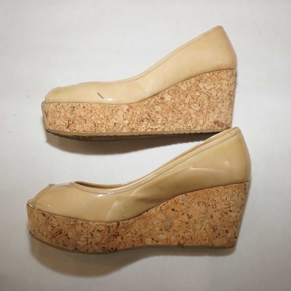 Jimmy Choo Nude Patent Leather Platform Cork Wedge Peeptoe Neutral Sandals 38.5